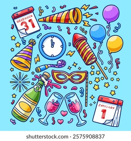 Happy New Year Object Set Cartoon Vector Icon Illustration. 
Holiday Object Icon Concept Isolated Premium Vector. Flat 
Cartoon Style 