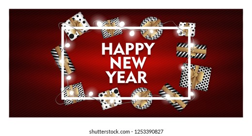 happy New Year on the background of a creative design element gift package. Vector illustration EPS10, paper cut	