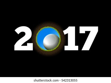 Happy New Year on the background of a golf ball falling into the hole. Vector illustration