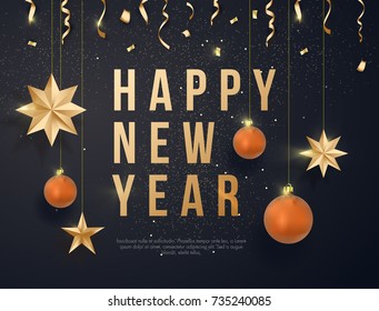 Happy New Year on black Background With Typography and Elements. Vector Illustration.