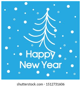 happy new year on blue background with christmas tree, greeting card, illustration
