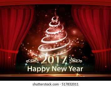 Happy new year on Dark red curtain scene. Burning christmas tree and text behind scenes. Elegant vector backdrop with dark space, sparkle of lights and bokeh. Holiday classic background for new year