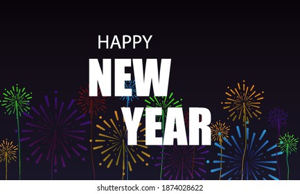 Happy new year on fireworks background, vector art illustration.