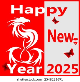 Happy New Year on a red and white background, butterflies, a Phoenix Rising Bird symbol and a semi colon. New Beginnings good luck new year wish with depression awareness semi colon symbol