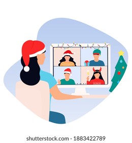 Happy New Year online party. Woman wearing Santa hat is greeting to friends on virtual zoom video call