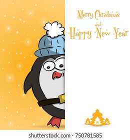 Happy New Year orange greeting card with cute curious penguin vector illustration