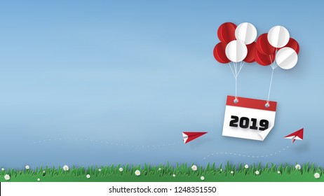 Happy New Year. Origami made of Balloons with Calendar 2019 and red plane floating in the air on beautiful sky background. paper art design and craft style. copy space. illustration and vector.
