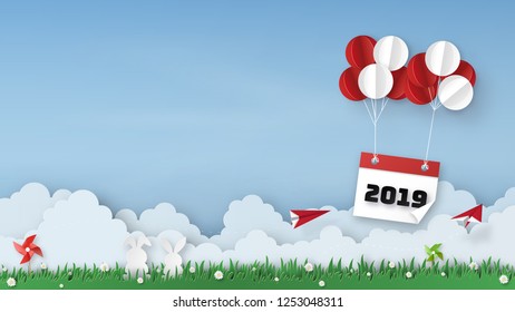 Happy New Year. Origami made of Balloons with Calendar 2019 and red plane floating in the air on beautiful sky background. paper art design and craft style. copy space. illustration and vector.
