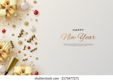 happy new year with ornament beside greeting.