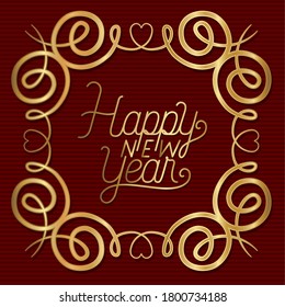 Happy new year in ornament gold frame on red background design, Welcome celebrate greeting card happy decorative and celebration theme Vector illustration