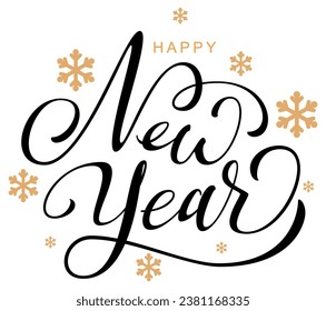 Happy new year ornate lettering text for greeting card. Golden snowflake symbol christmas. Vector illustration isolated on white