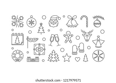 Happy New Year outline creative illustration. Vector banner with creative thin line horizontal design