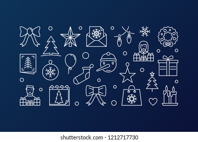 Happy New Year outline horizontal illustration. Vector banner with creative thin line design