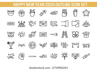 Feliz Año Nuevo Conjunto de Iconos de Vector de Esquema – Paquete de arte de línea de celebración festiva con fuegos artificiales, Elementos de fiesta, champán, globos, regalos y decoraciones de Festiva