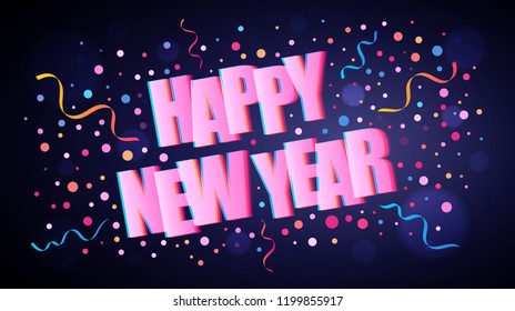 Happy New Year overlapping lettering with colorful round confetti over dark violet background for your graphic and web design