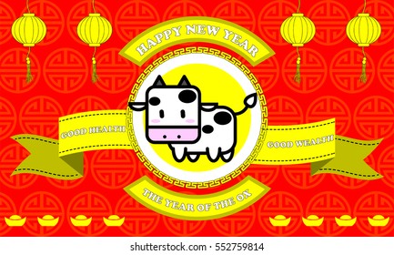 Happy new year of Ox year on Red background and golden ribbon with good word for life in Chinese zodiac concept