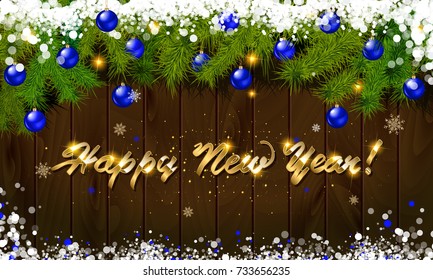 Happy New Year, panoramic banner. Golden text happy new year Golden text happy new year wooden background balls Christmas tree branches background balls Christmas tree branches