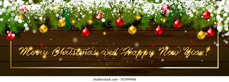 Happy New Year, panoramic banner. Golden text happy new year Golden text happy new year wooden background balls Christmas tree branches background balls Christmas tree branches