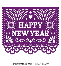 Happy New year Papel Picado vector design with, Mexican paper cut out style purple greeting card on white. Traditional ornamental banner form Mexico, New Year's celebration festive background
  