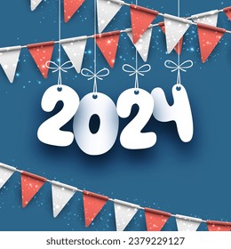 Happy new year paper 2024 lettering on blue celebrate background with red and white triangle flags. Vector illustration.