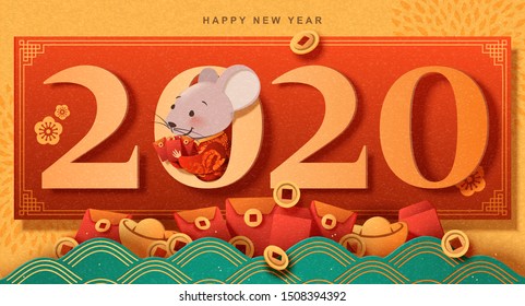 Happy new year paper art cute mouse holding red envelopes, chrome yellow background