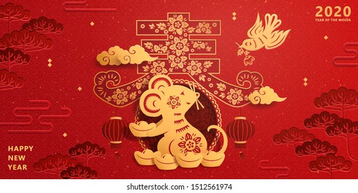 Happy new year paper art rat holding gold ingot on red background, spring written in Chinese word