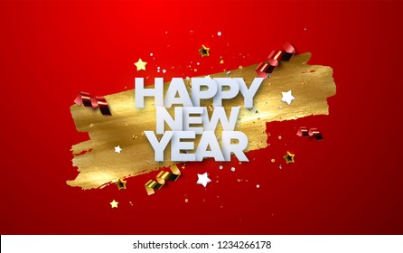 Happy New Year paper sign with golden paint stain and confetti particles. Vector illustration. Winter holiday event decoration. Festive banner or sign design. Christmas ornament