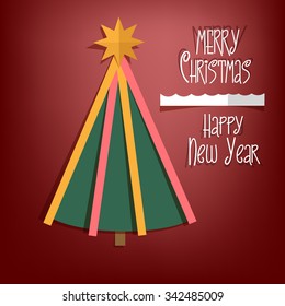 Happy New Year paper tree design greeting card - vector illustration. Red background.