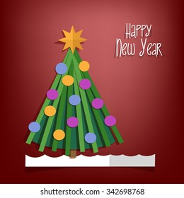 Happy New Year paper tree design greeting card - vector illustration. Red background.