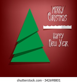 Happy New Year paper tree design greeting card - vector illustration. Red background.