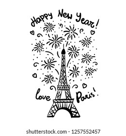 Happy New Year in Paris Card. Vector illustration ink Eiffel Tower with salute. Hand drawn black isolated on white background