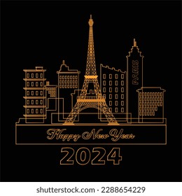 Happy new year Paris city architecture silhouette golden illustration isolated over black background