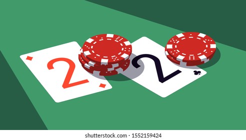 Happy New Year party 2020 casino poker chips and playing cards isometric banner. Greeting card isometry playing cards & chips flyer. 2020 Happy New year banner. Casino isometric Merry Christmas party