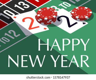 Happy New Year party 2020 casino poker chips and playing cards isometric banner. Greeting card isometry playing cards & chips flyer. 2020 Happy New year banner. Casino isometric Merry Christmas party