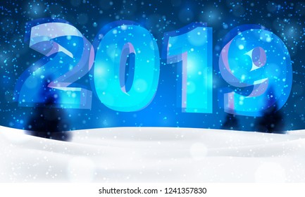 Happy New Year Party banner with ice number 2019. Holiday Greeting Card, Invitation, Menu Design Template, decor. Vector.