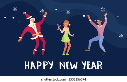 Happy New Year party banner template. People and Young sporty Santa Claus dancing. Cute character isolated. Flat Art Vector illustration