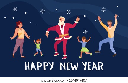 Happy New Year party banner template. People and Young sporty Santa Claus dancing. Cute character isolated. Flat Art Vector illustration