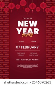 Happy new year party banner design with traditional chinese patterns and lanterns. New year party poster design. Simple and Minimal