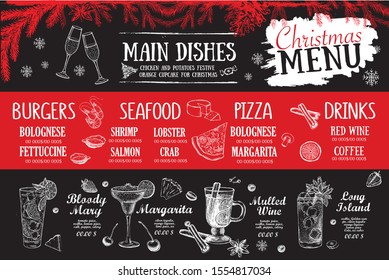 Happy New Year party. Christmas menu template. Hand drawn illustration	