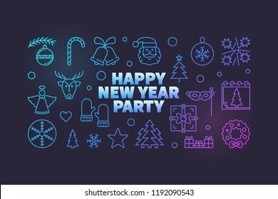 Happy New Year Party colored horizontal illustration - vector banner with outline design