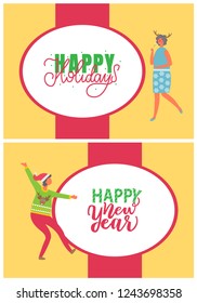 Happy New Year party, dancing women vector cards. Wintertime event, female in deer horn and sweaterwith reindeer. Winter holiday eve festive celebration