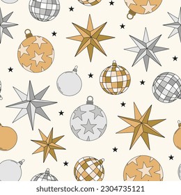 Happy New Year party decoration vector seamless pattern. Winter holidays background. Festive seasonal surface design for packaging, scrap book, card making