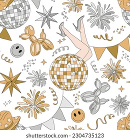 Happy New Year party disco vector seamless pattern. Winter holidays celebration background. Festive seasonal surface design for packaging, scrap book, card making