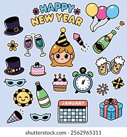 Happy New Year Party Doodle Clipart Set Vector Illustrations Greeting Cards Decoration