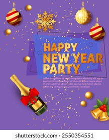 Happy New Year party festive banner. Design with Christmas balls, swirl elements on bright purple background. Lettering can be used for greeting cards, posters, leaflets