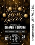 Happy New Year party flyer. Golden glittering lettering with hanging christmas decorations from 3d stars, lights bokeh, balls and confetti. Holiday musical event. Vector illustration