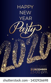 Happy new year party flyer with golden lettering 2020