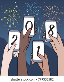 Happy New Year party. four female hands of different ethnic groups holding smartphones with 2018 image on screen and fireworks on the background. vector illustration.