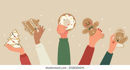 Happy new year party, Hand holding gingerbread cookies, Christmas winter holiday design.