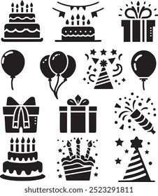 Happy New Year party icons. Birthday Icons, Cake icon and gift box icon set